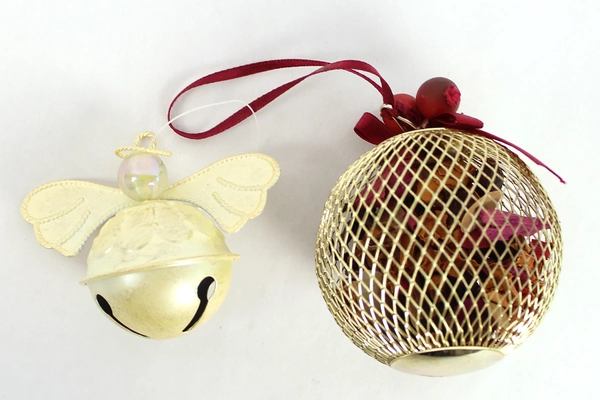 Lot of 5 Cream White Gold Christmas Tree Ornaments - Sheep, Bell, Angel & More