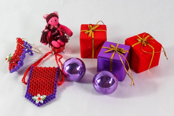 Lot of 8 Red & Purple Christmas Ornaments - Festive Holiday Decor