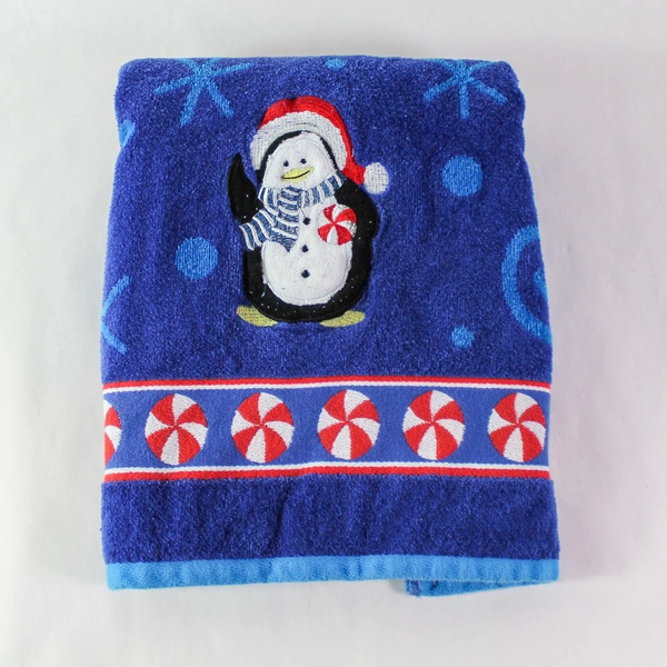 Holiday At Home Blue Christmas Bath Towel Penguin Design Cotton 45"x19.5"
