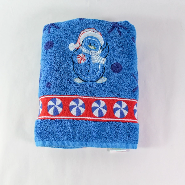 Holiday At Home Blue Christmas Bath Towel Penguin Design Cotton 45"x19.5"