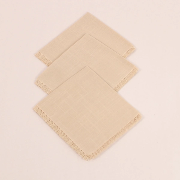 Lot of 3 Beige Woven Cloth Napkins with Fringe Hem for Dining Decor