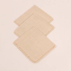 Lot of 3 Beige Woven Cloth Napkins with Fringe Hem for Dining Decor