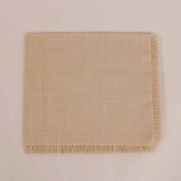 Lot of 3 Beige Woven Cloth Napkins with Fringe Hem for Dining Decor