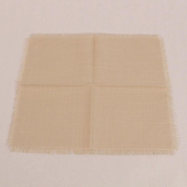 Lot of 3 Beige Woven Cloth Napkins with Fringe Hem for Dining Decor
