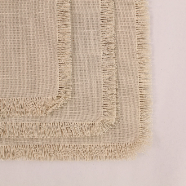 Lot of 3 Beige Woven Cloth Napkins with Fringe Hem for Dining Decor