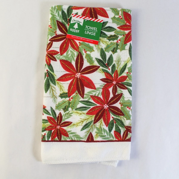Lot of 4 Poinsettia Kitchen Decor Towels & Pot Holders - Christmas Set
