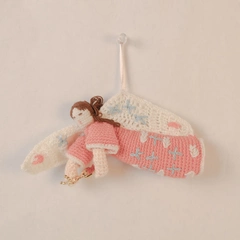 Vintage Crochet Angel Ornament Pink Dress Harp 6" Christmas Decor