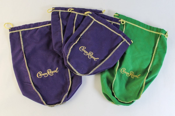 Lot of 5 Crown Royal Cloth Gift Bags - 4 Purple & 1 Green, Drawstring