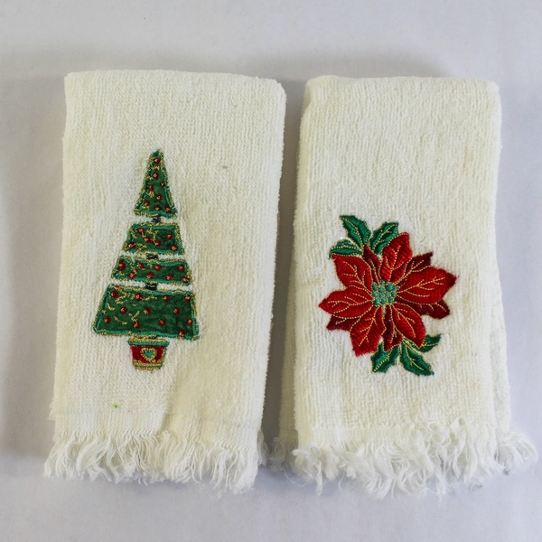 Lot of 2 Embroidered Christmas Towels - Tree & Poinsettia Holiday Decor