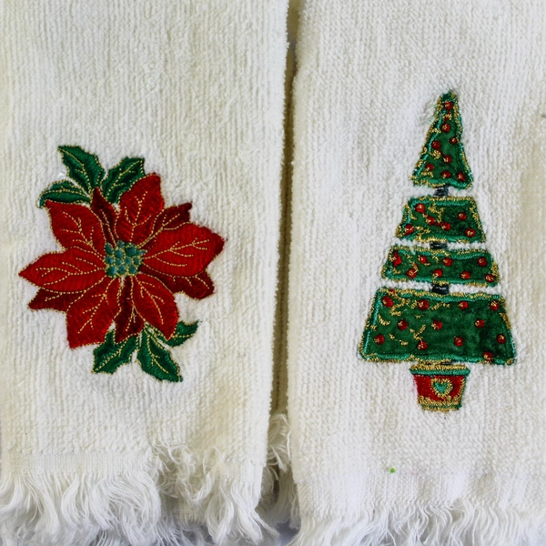 Lot of 2 Embroidered Christmas Towels - Tree & Poinsettia Holiday Decor
