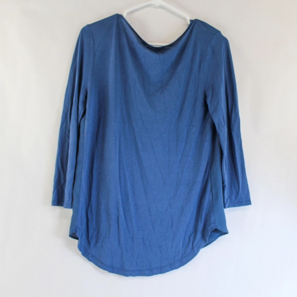 Ann Taylor Loft Blue Sheer Blouse Women's Size S 3/4 Sleeve Asymmetrical Hem