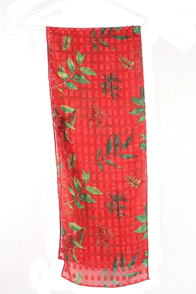 Textured Knit Scarf Shawl Red with Green Leaves & Metallic Accents 64.5"