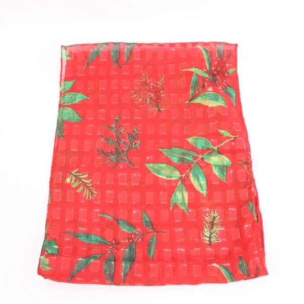 Textured Knit Scarf Shawl Red with Green Leaves & Metallic Accents 64.5"