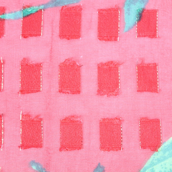 Textured Knit Scarf Shawl Red with Green Leaves & Metallic Accents 64.5"