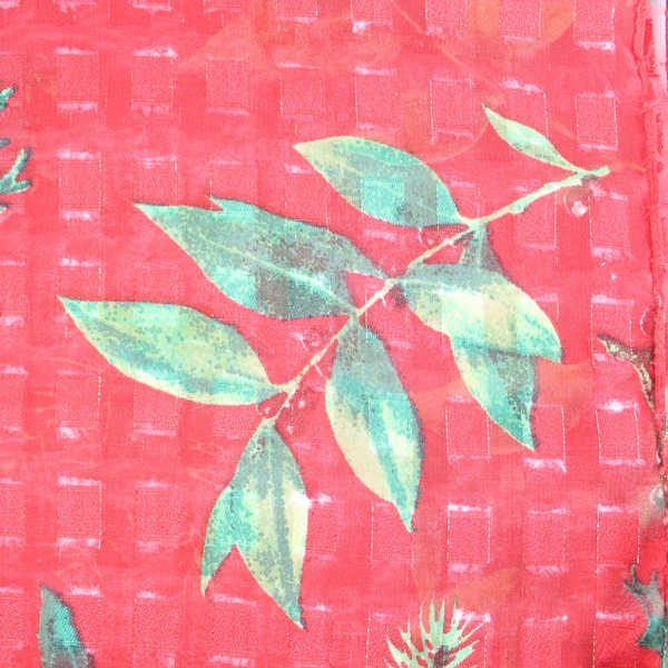 Textured Knit Scarf Shawl Red with Green Leaves & Metallic Accents 64.5"