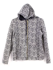 Liz Claiborne Women's M Hooded Jacket Navy Blue Geometric Full Zip Stain