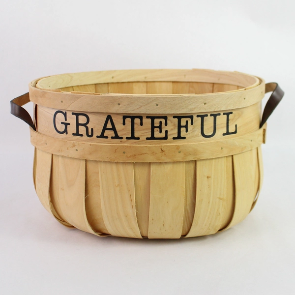 Round Rattan Decorative Storage Basket Grateful Fall Thankgiving Leather Handles