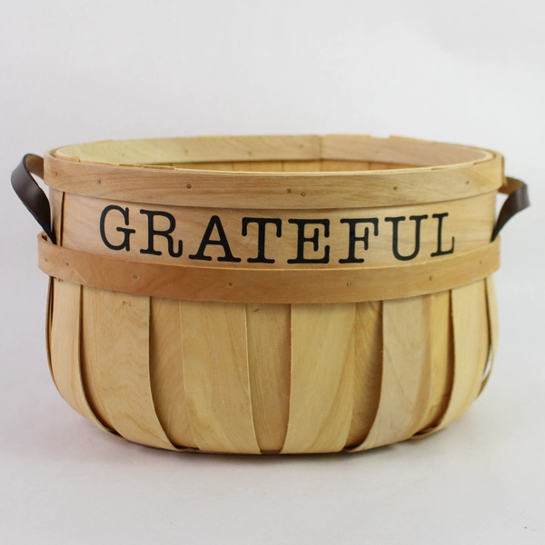 Round Rattan Decorative Storage Basket Grateful Fall Thankgiving Leather Handles