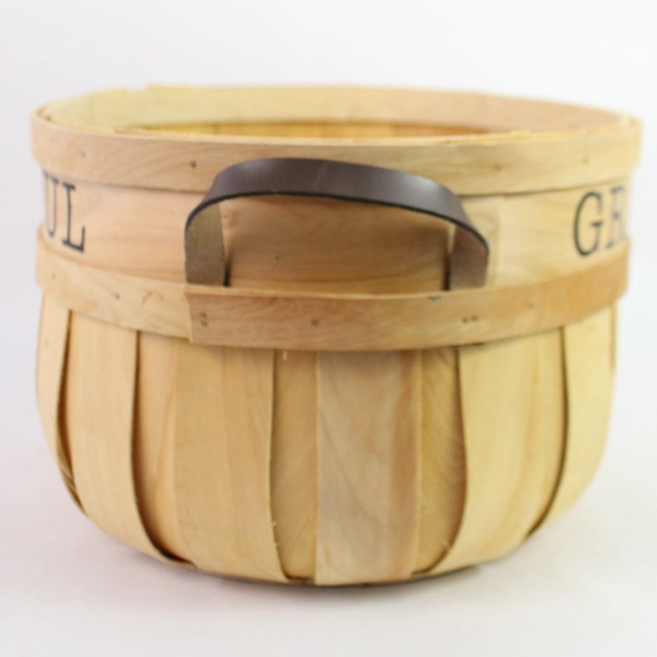 Round Rattan Decorative Storage Basket Grateful Fall Thankgiving Leather Handles