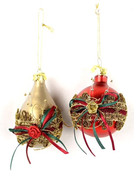 Lot of 2 Beaded Christmas Ornaments - Red & Taupe Teardrop Decor