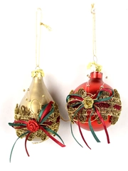 Lot of 2 Beaded Christmas Ornaments - Red & Taupe Teardrop Decor