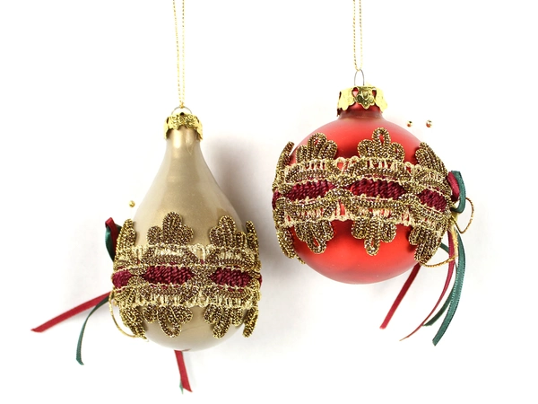 Lot of 2 Beaded Christmas Ornaments - Red & Taupe Teardrop Decor