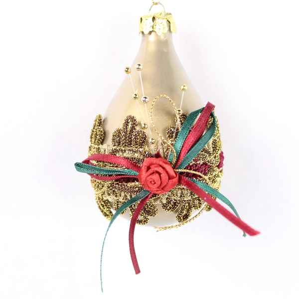 Lot of 2 Beaded Christmas Ornaments - Red & Taupe Teardrop Decor