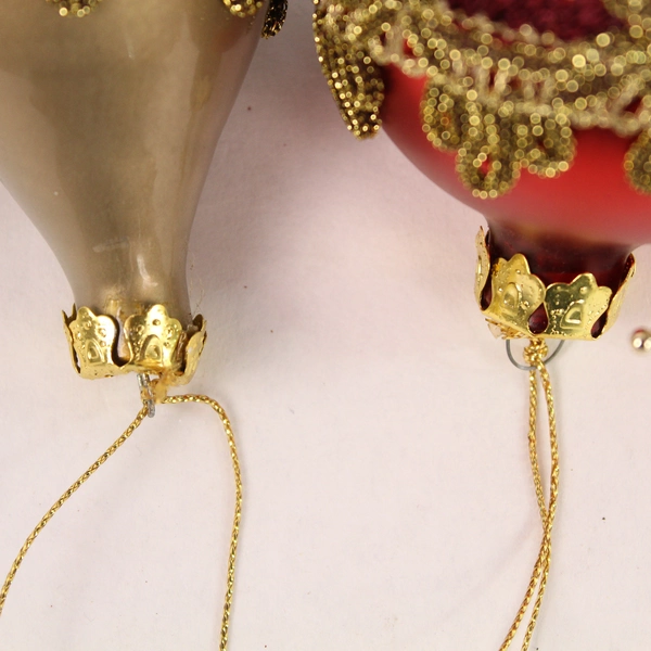 Lot of 2 Beaded Christmas Ornaments - Red & Taupe Teardrop Decor