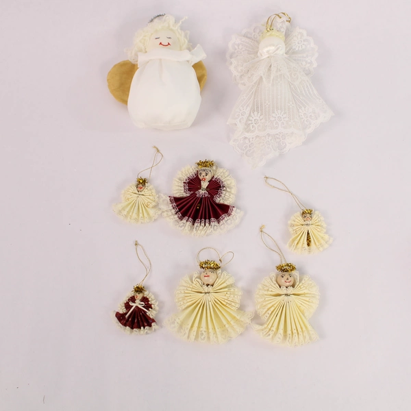 Lot of 8 Handmade Angel Christmas Ornaments - Cream White Burgundy Decor