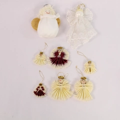 Lot of 8 Handmade Angel Christmas Ornaments - Cream White Burgundy Decor