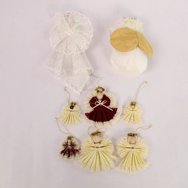 Lot of 8 Handmade Angel Christmas Ornaments - Cream White Burgundy Decor