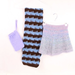 Vintage Handmade Crochet Skirt, Scarf & Bag Set - Blue Purple Lot