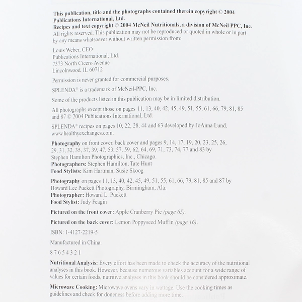 Splenda No Calorie Sweetener Cookbook, 2004 Paperback, Good Condition