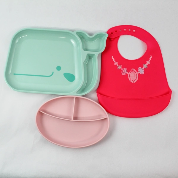 Lot of Infant Feeding Items: 2 Plates & 1 Pink Bib - Dishwasher Safe