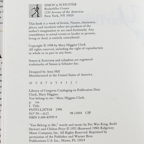 You Belong to Me by Mary Higgins Clark Hardcover Book 1998 Simon & Schuster