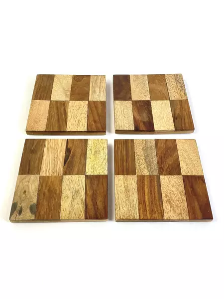 Lot of 4 Wooden Mosaic Coasters 3x3 Inches - Rustic Barware, Pre-owned