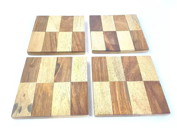Lot of 4 Wooden Mosaic Coasters 3x3 Inches - Rustic Barware, Pre-owned