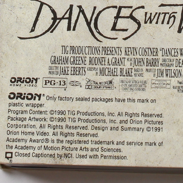 Dances With Wolves VHS Kevin Costner PG13 Good Condition Orion Home Video