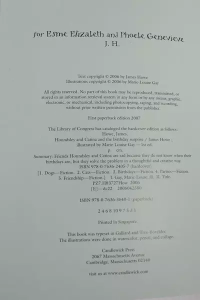 Houndsley and Catina Birthday Book by James Howe - Pre-owned, Writing Inside