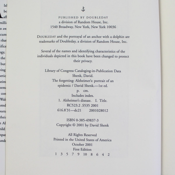 The Forgetting Alzheimer's Portrait by David Shenk Hardcover Book 2001