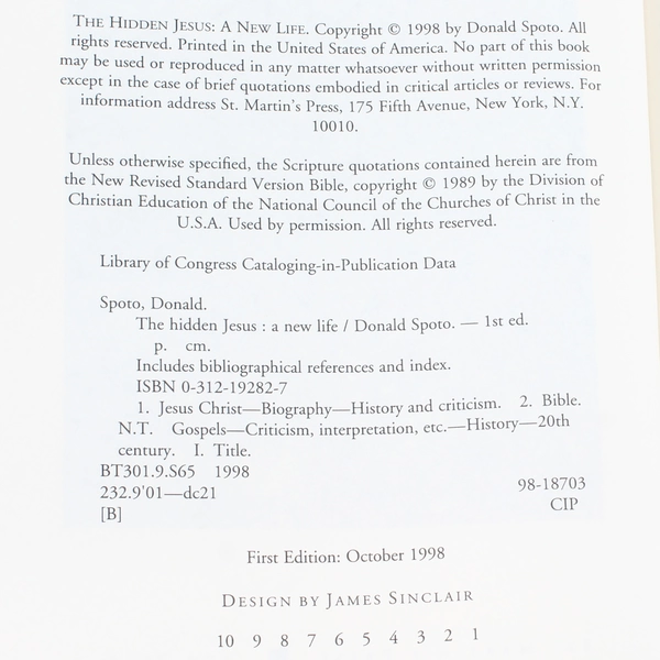 The Hidden Jesus by Donald Spoto Hardcover Book 1989 - Good Condition