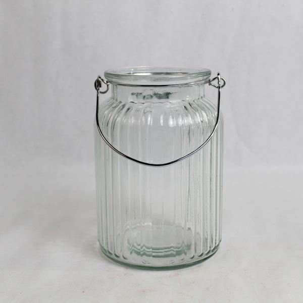 Clear Glass Ribbed Jar with Metal Handle 7" Canister for Home Decor