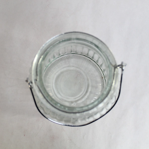 Clear Glass Ribbed Jar with Metal Handle 7" Canister for Home Decor