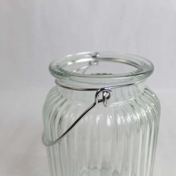Clear Glass Ribbed Jar with Metal Handle 7" Canister for Home Decor
