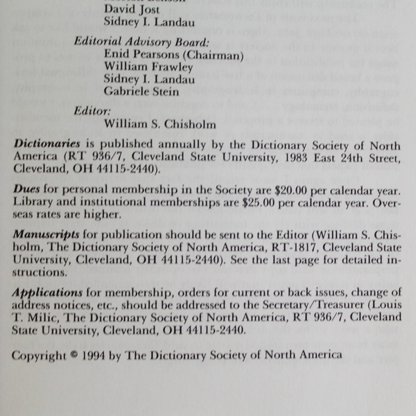 Dictionaries Journal of The Dictionary Society of North America #15 1994 PB