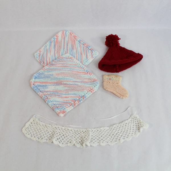 Vintage Handmade Crochet Pot Holders, Infant Hat, Collar & Bootie Set
