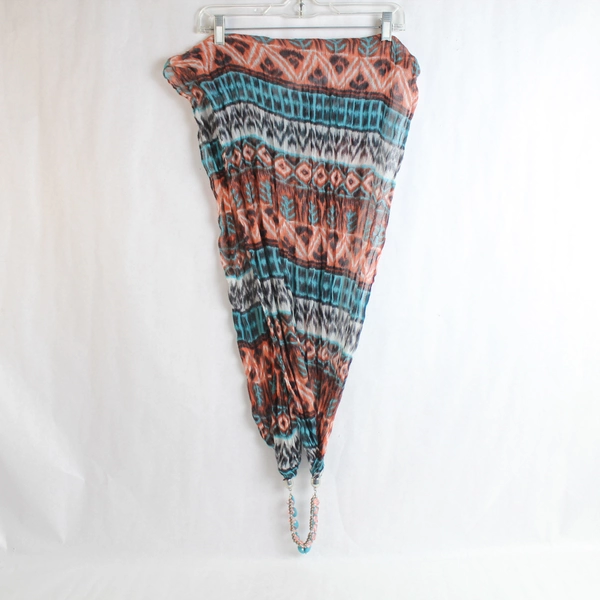 Boho Infinity Scarf Wrap Shawl Salmon Blue Black with Beading Accents 27"