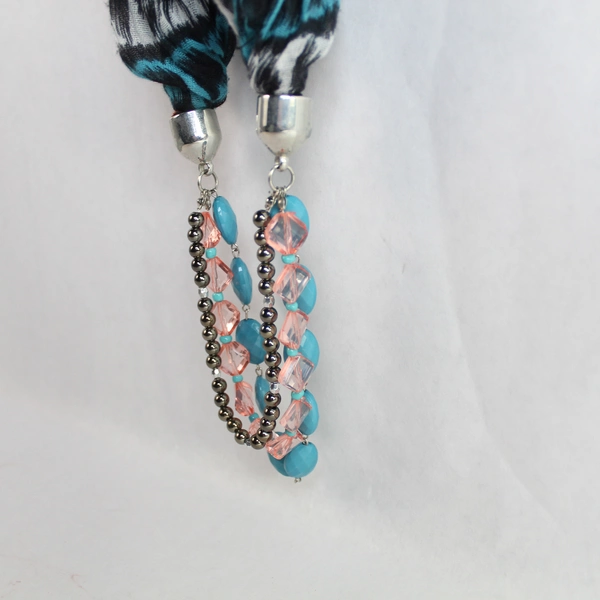 Boho Infinity Scarf Wrap Shawl Salmon Blue Black with Beading Accents 27"