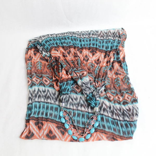 Boho Infinity Scarf Wrap Shawl Salmon Blue Black with Beading Accents 27"