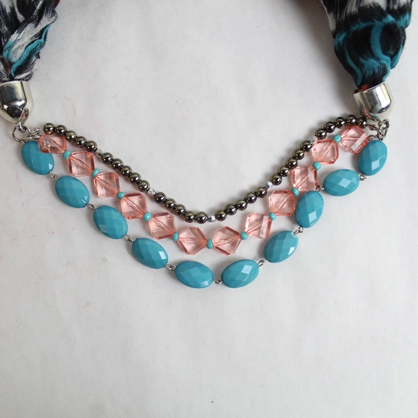 Boho Infinity Scarf Wrap Shawl Salmon Blue Black with Beading Accents 27"